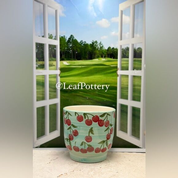 Cherry Patterned Blue/Red Ceramic Planter without drainage hole - Picture 4 of 9